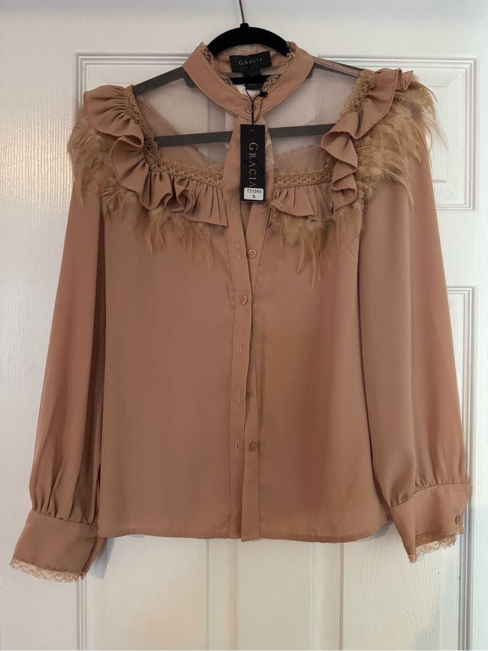 Gracia Feather-Trim Ruffle Blouse in Blush